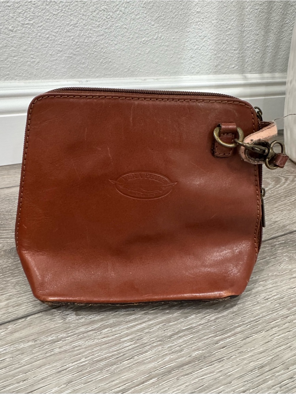 Embossed Leather Wristlet Pouch in Brown